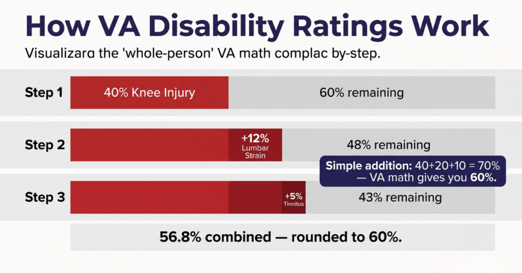 Infographic explaining how VA disability ratings work using the whole-person calculation method, showing three steps — 40% knee injury, 12% lumbar strain, and 5% tinnitus — combining to a final VA rating of 60% instead of the expected 70%.